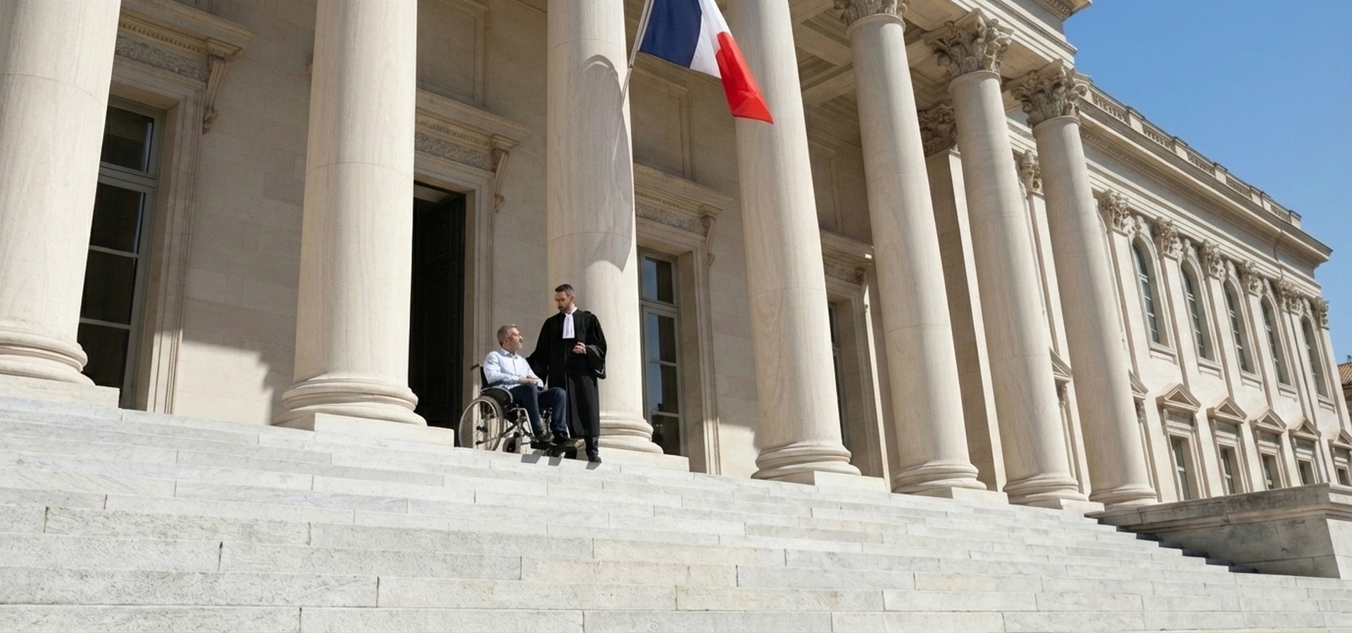 Avocat en robe accompagnant une victime en fauteuil roulant sur les marches du Palais de Justice — LEXVOX AVOCATS défend les victimes de dommage corporel